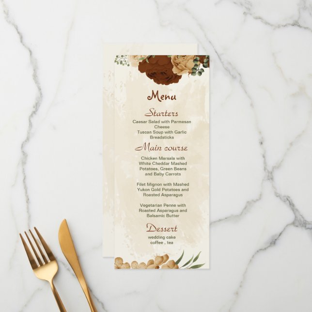 Menu terre cuite tonalité de terre mariage vert fleuri (Devant/Arrière en situation)