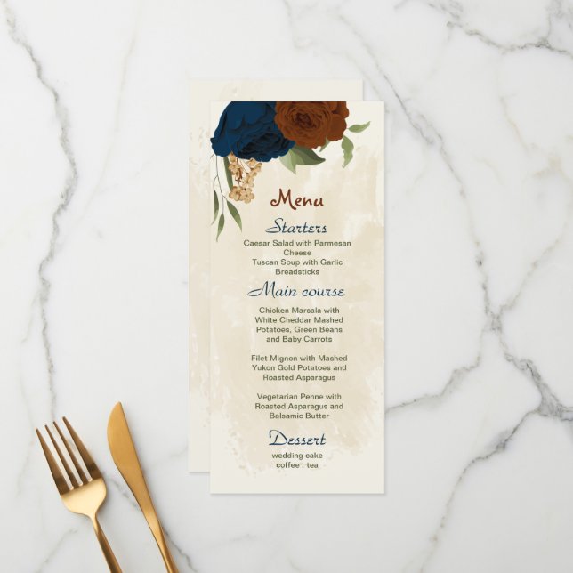 Menu terre cuite tonalité marine floral vert mariage (Devant/Arrière en situation)