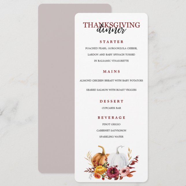 Menu Thanksgiving Elegant Dinner Party (Devant / Derrière)