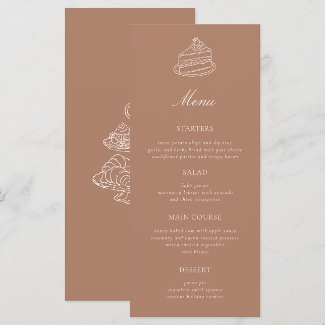 Menu Thé de l'après-midi Mariage Brun Dessiné à la Main (Devant / Derrière)