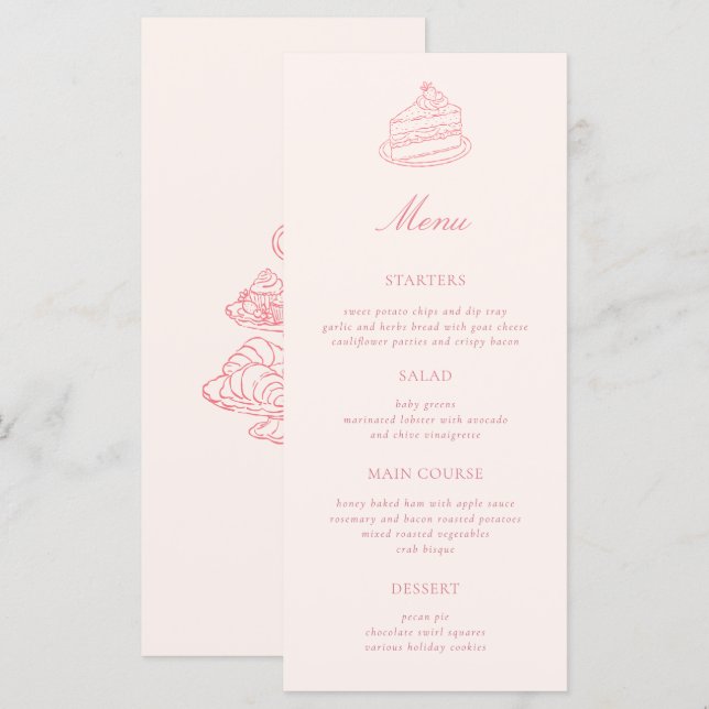 Menu Thé de l'après-midi Mariage Rose Dessiné à la Main (Devant / Derrière)