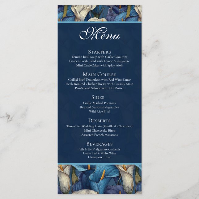 Menu Thème de mariage rustique avec lys calla bleu clas (Devant)