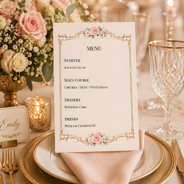 Menu Thème Rococo Élégant Mariage Rose Pâle (Ricoco themed wedding reception dinner menu)