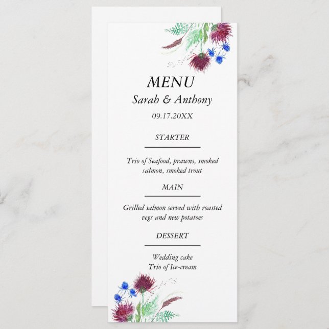 Menu Thistère Ecosse Floral Aquarelle Mariage (Devant / Derrière)
