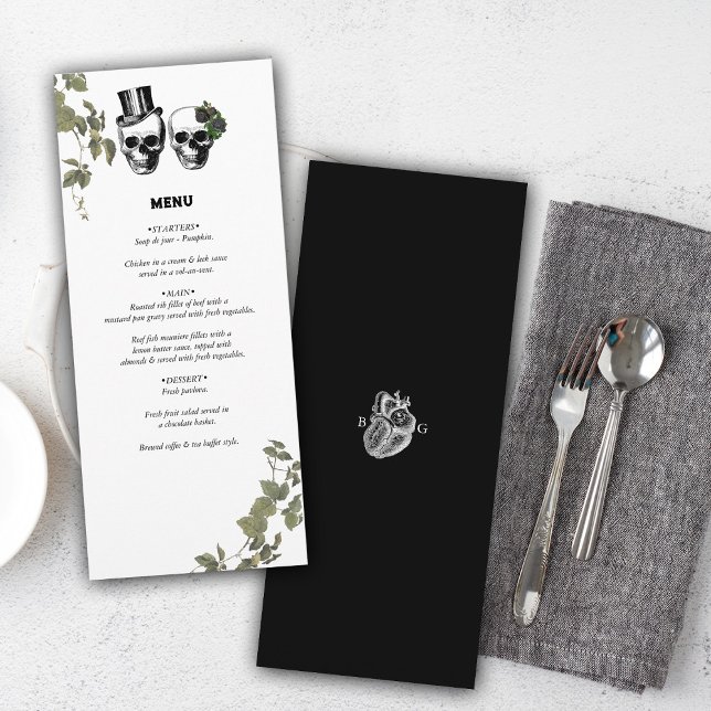 Menu Til Death Coeur gothique Mariage des crânes florau (Til Death Gothic Heart Floral Skulls Wedding Menu)