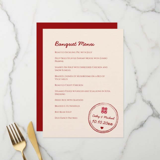 Menu Timbre de mariage chinois rouge rose double bonheu (Devant/Arrière en situation)