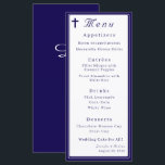 Menu Timeless Catholic Monogrammed Wedding<br><div class="desc">Design front features a white background to the image of a cross in top left corner. Heading is displayed in an elegant font in top center. Following the traditional format for a wedding menu, all text is customizable and displayed in a navy-blue font. Entire design is framed by a navy-blue...</div>
