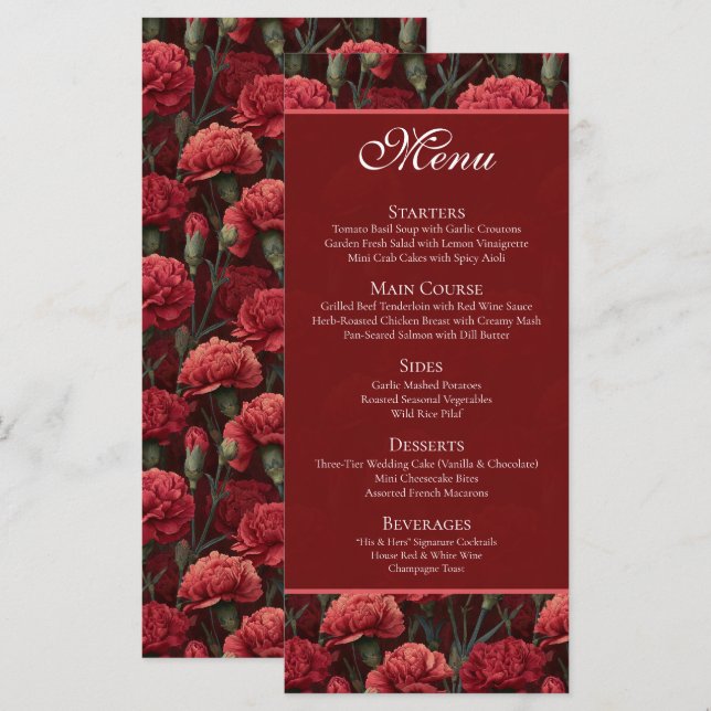 Menu Timeless Red Carnation Aesthetic Boho Wedding (Devant / Derrière)