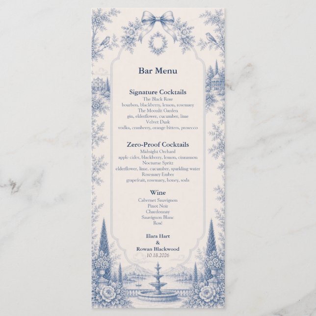 Menu Toile de Jouy Lieu de Rêve Bar de Mariage (Devant)