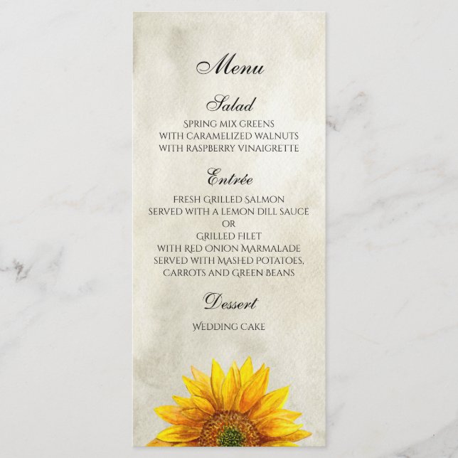 Menu Tournesol. Carte de menu de dîner de mariage  (Devant)