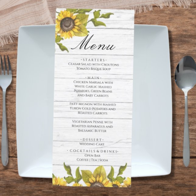 Menu Tournesol de mariée en bois blanc Patiné rustique (Créateur téléchargé)