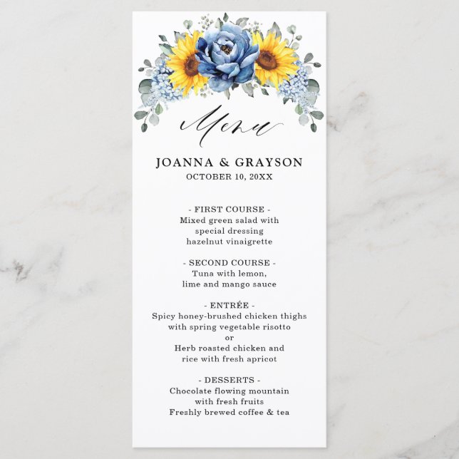 Menu Tournesol Dusty Blue Slate Peony Mariage floral (Devant)