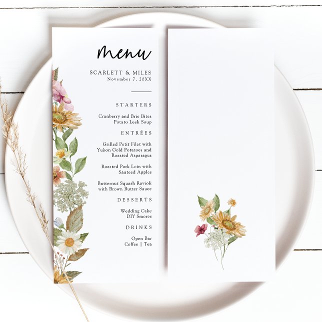 Menu Tournesol Élégant (Elegant White Watercolor Sunflower Wildflower Wedding Menu by Painted Paperie
)