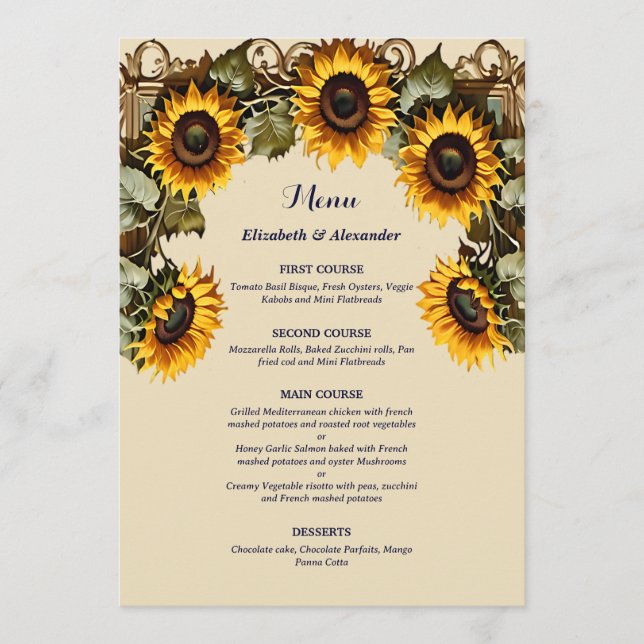 Menu Tournesol jaune avec cadre d'art mariage (Devant)
