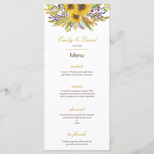 Menu Tournesol, Menu Mariage, Baby shower (Devant)