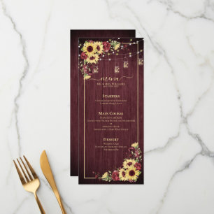 Menu Tournesol rustique Bourgogne Bois Mariage Floral