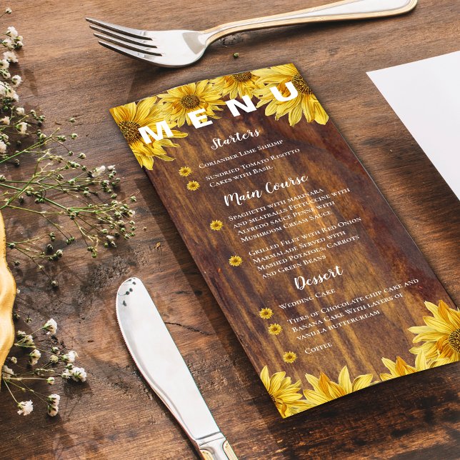 Menu Tournesol Rustique Fête de mariage jaune brillant (Rustic Wood Sunflower Bright Yellow Wedding Party Menu)