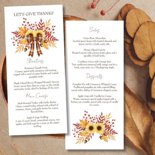 Menu Tournesol rustique & Thanksgiving Plaid (Rustic Sunflower & Plaid Thanksgiving Menu)