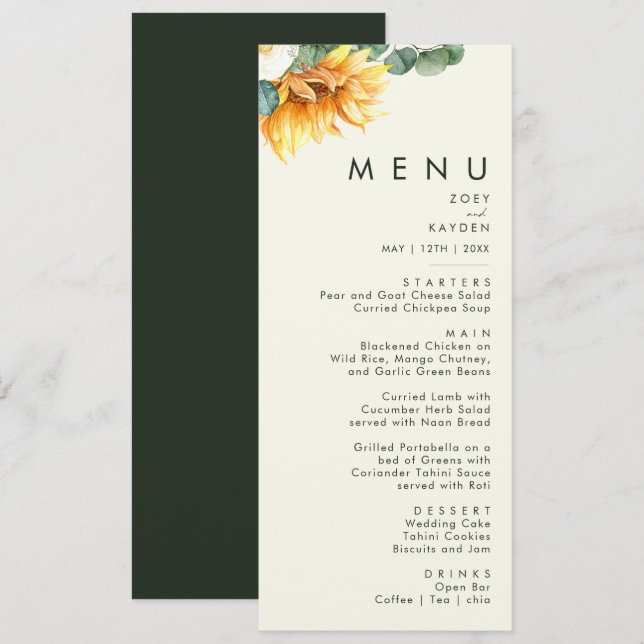 Menu Tournesol Tournesol clair Jaune Mariage Dîner (Devant / Derrière)