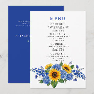 Menu Tournesols Floraux Bleu Royal Mariage Moderne