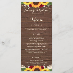 Menu Tournesols Rustiques Bourgogne Rouge Roses Mariage