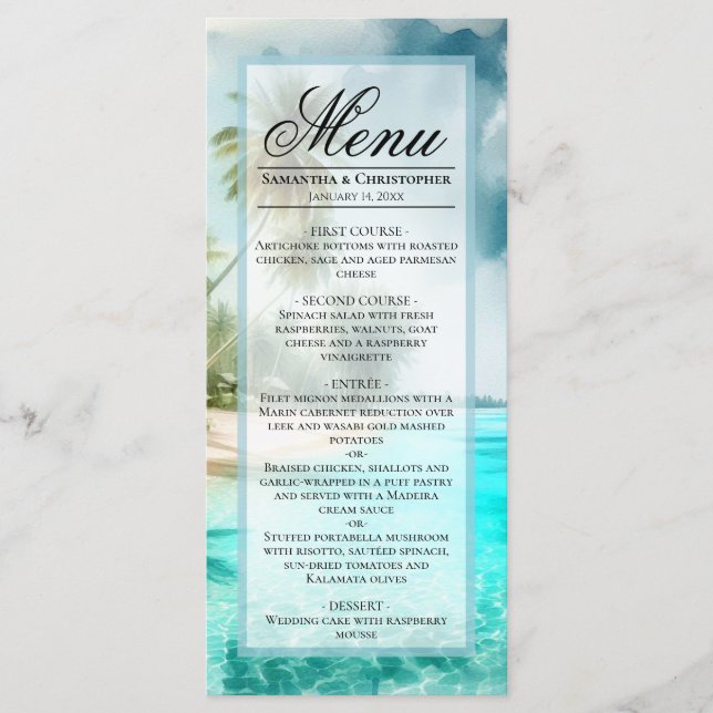 Menu Tropical Beach Watercolor Elegant Coastal Wedding (Devant)