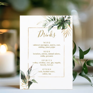 Menu Tropical Foliage Gold & Green Mariage Bar Boissons