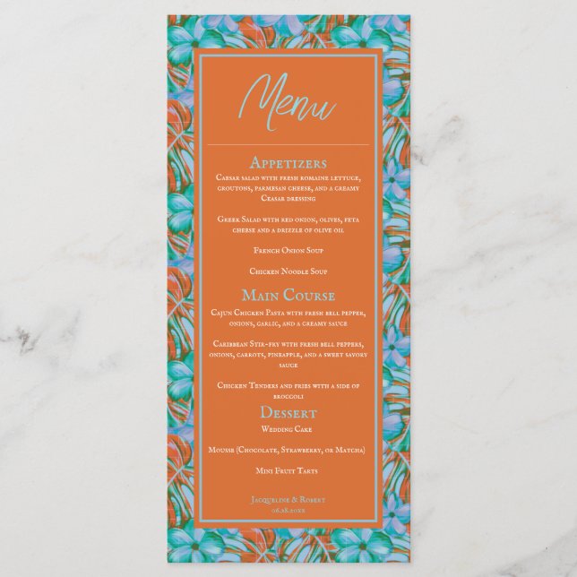 Menu Tropical Orange and Blue Floral Mariage (Devant)
