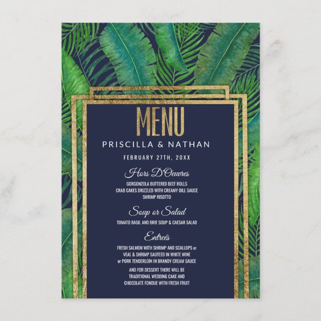 Menu Tropical Palm Tree Greenery Gold Marine Blue Maria (Devant)