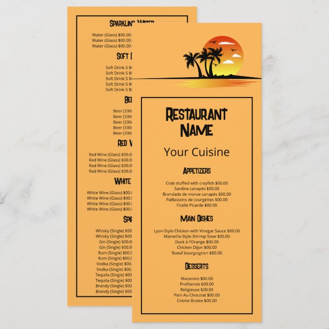 Menu Tropical Sunrise, Restaurant Mince (Devant / Derrière)