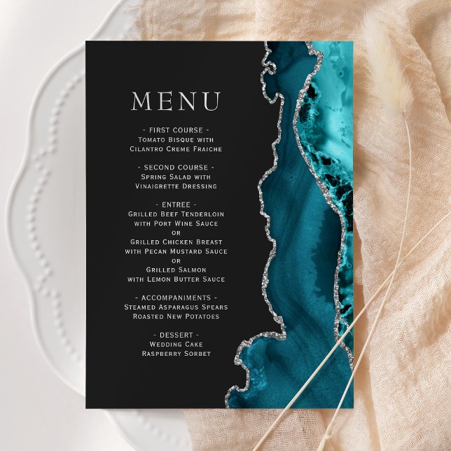 Menu Turquoise bleu argenté Agate Mariage foncé (Créateur téléchargé)