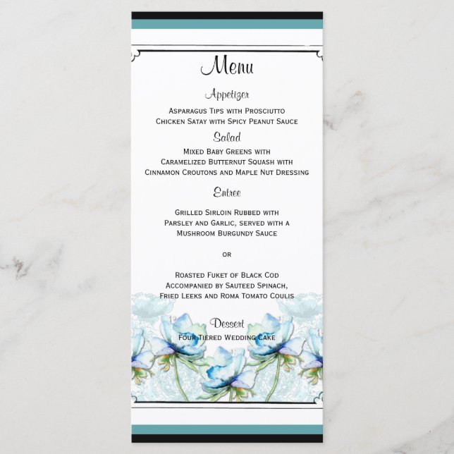 Menu turquoise Floral Watercolor Mariage (Devant)
