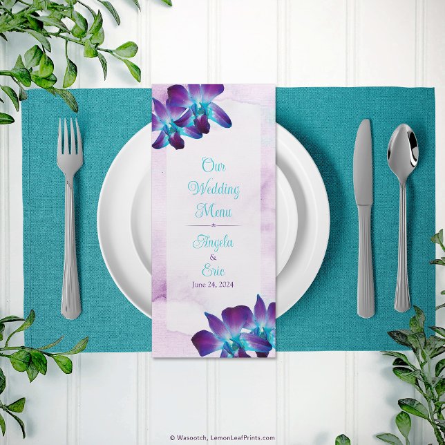 Menu Turquoise Purple Blue Dendrobium Orchid Maria (Purple Teal Blue Dendrobium Orchid Wedding Menu)