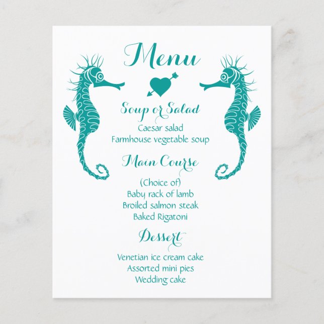 Menu turquoise Seahorse Mariage - Plage nautique (Devant)