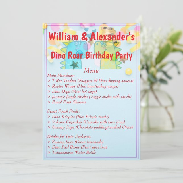 Menu Twins Dino Roar fête d'anniversaire (Debout devant)