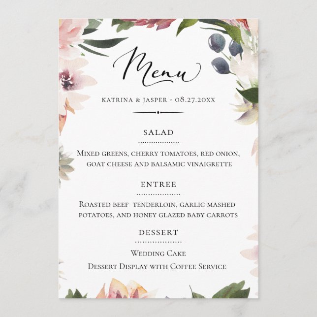 Menu Typographie chic Blush Plum Floral Mariage (Devant)
