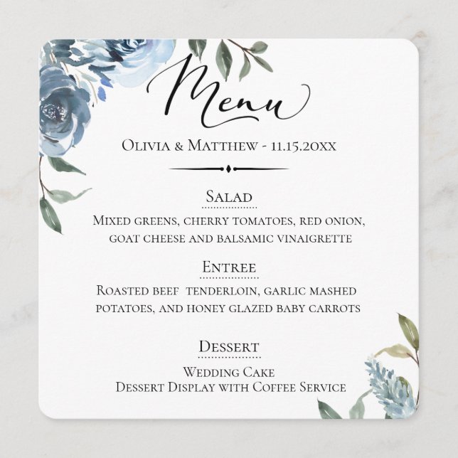 Menu Typographie chic Dusty Blue Botanical Mariage (Devant)