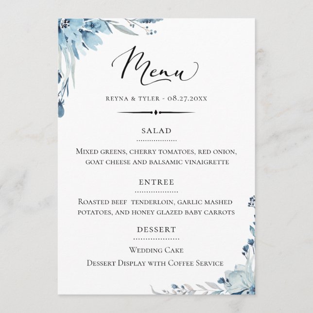 Menu Typographie chic Dusty Blue Floral Mariage (Devant)