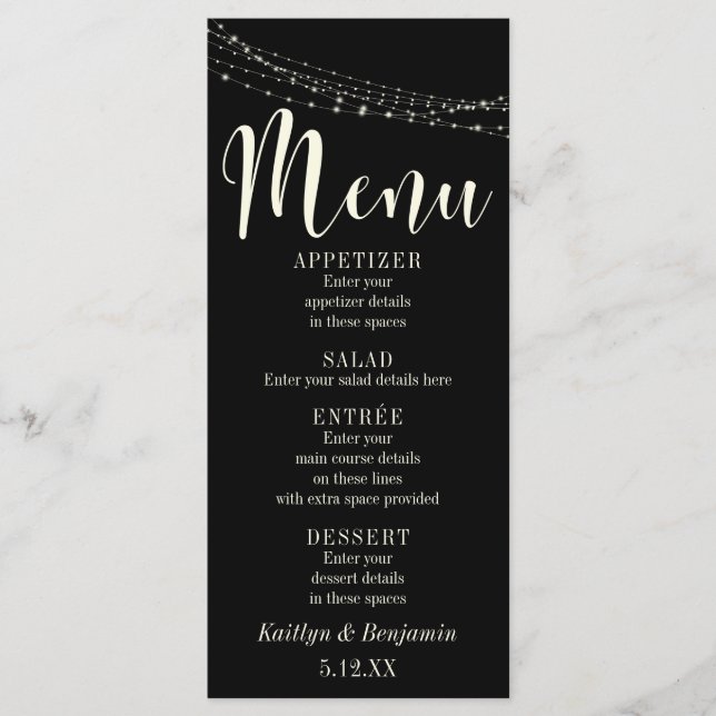 Menu Typographie crème 30 sur fond noir, lumières légèr (Devant)