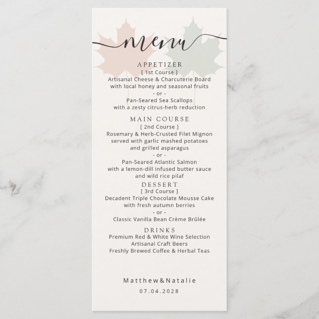 Menu Typographie de mariage à feuille d'érable en terre (Devant)