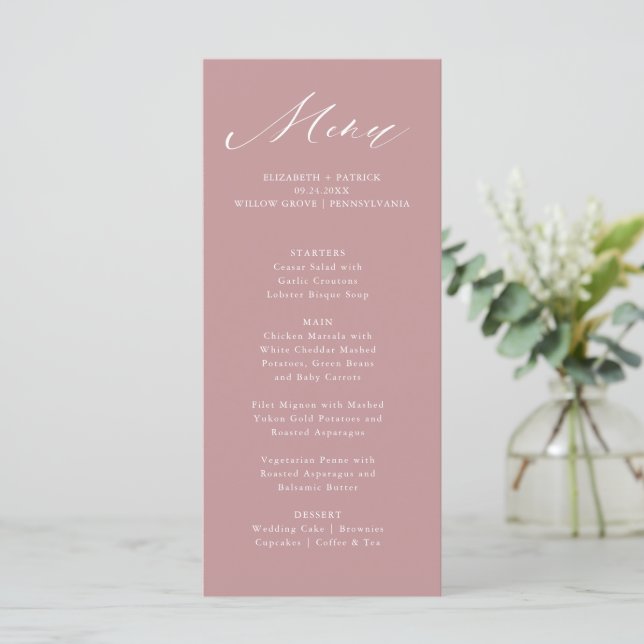 Menu Typographie de script élégante Dusty Rose (Debout devant)