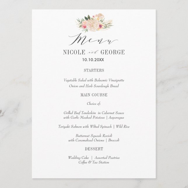 Menu Typographie élégante Peony Gold Mariage ou parti (Devant)
