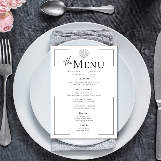 Menu Typographie minimale Mariage de coquillage noir et (Minimal Typography Black & White Seashell Wedding Menu)