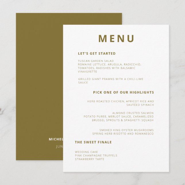 Menu Typographie minimale unique Mariage vert olive (Devant / Derrière)