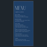 Menu Typographie minimaliste moderne Mariage bleu marin<br><div class="desc">Carte menu personnalisable avec typographie moderne. Personnalisez en ajoutant la date et le choix du repas. Cette carte au menu minimaliste bleu marine est parfaite pour les mariages,  les baby showers,  les douches nuptiales,  les anniversaires et plus encore.</div>