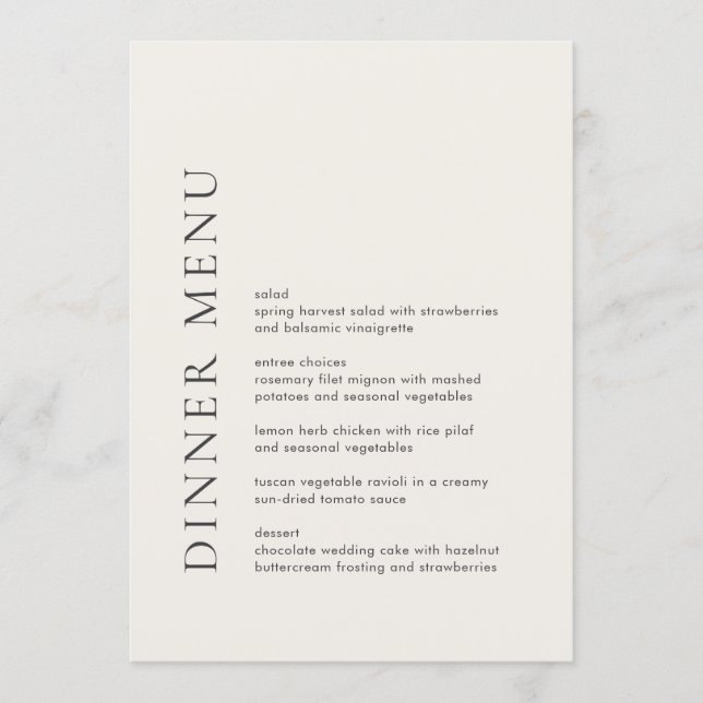 Menu Typographie Moderne Mariage Élégant Beige (Devant)