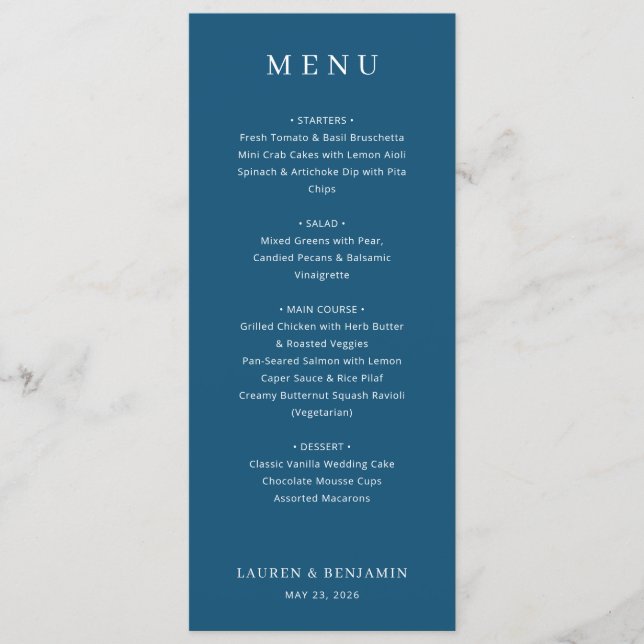 Menu typographique élégant en marine (Devant)