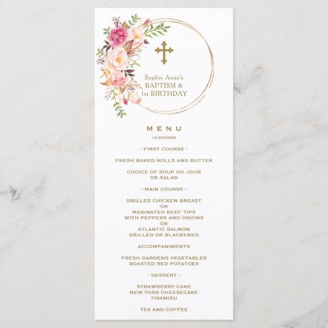 Menu Unique Rose Blush Floral 1er Anniversaire & Baptêm (Devant)