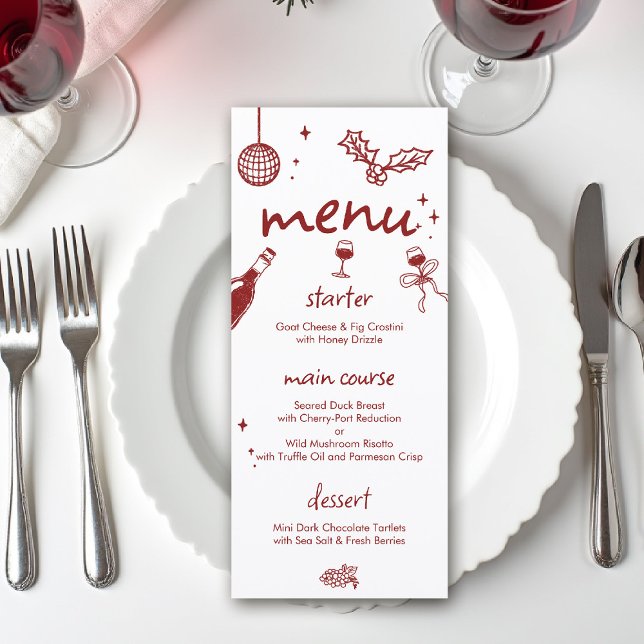 Menu Vacances de Dégustation de Vin Fête de Noël Dessin (wine tasting holiday party drinks hand drawn menu winery charcuterie friendsmas christmas santa)