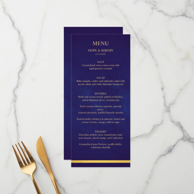 Menu Velours violet or Elégant Mariage de conte fée (Devant/Arrière en situation)